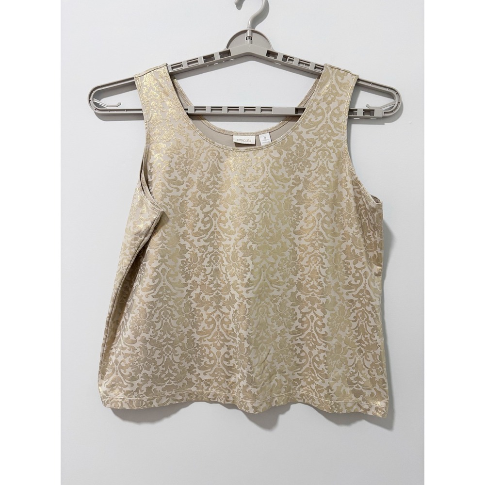 Chico's Tank Top Women Size 3 Gold Beige Metallic Damask Sleeveless Scoop Neck